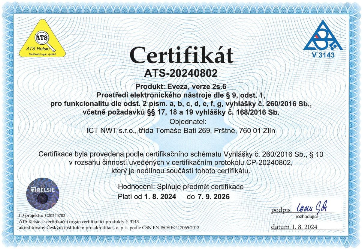Certifikát EVEZA