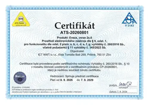 EVEZA certificate ATS-20260801 – electronic tool environment, valid until 7 Sep 2029