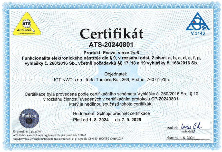 Certifikát EVEZA